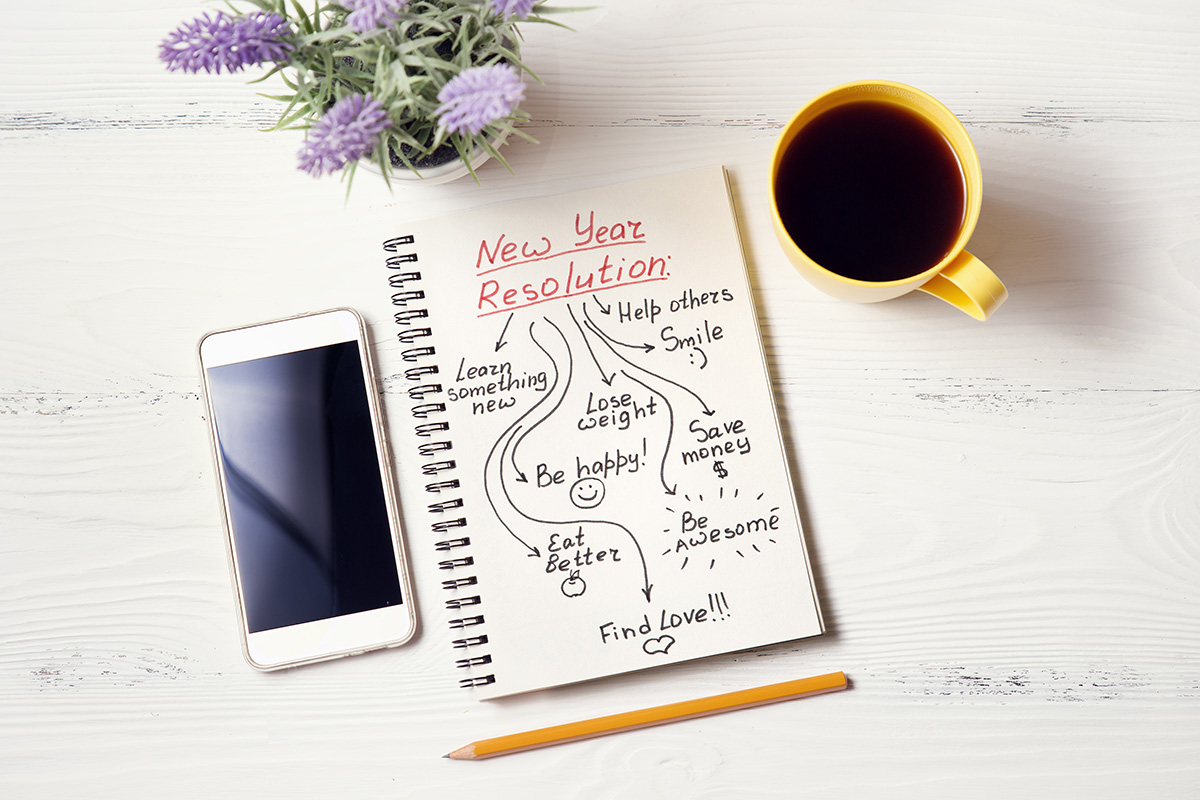 New year resolutions written in notebook on white wooden desk